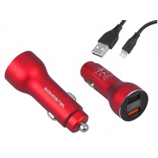 Automobilinis įkroviklis 12-24V 2xUSB + iPhone 5A 30W 1m greito krovimo (QC3.0) raudonas (red) su voltmetru Somostel SMS-A89 